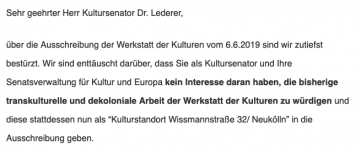 Offener Brief zivilgesellschaftlicher Akteure zur Ausschreibung der Werkstatt der Kulturen 