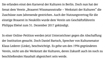 Zuschüsse gestrichen: Senat kündigt der Werkstatt der Kulturen 